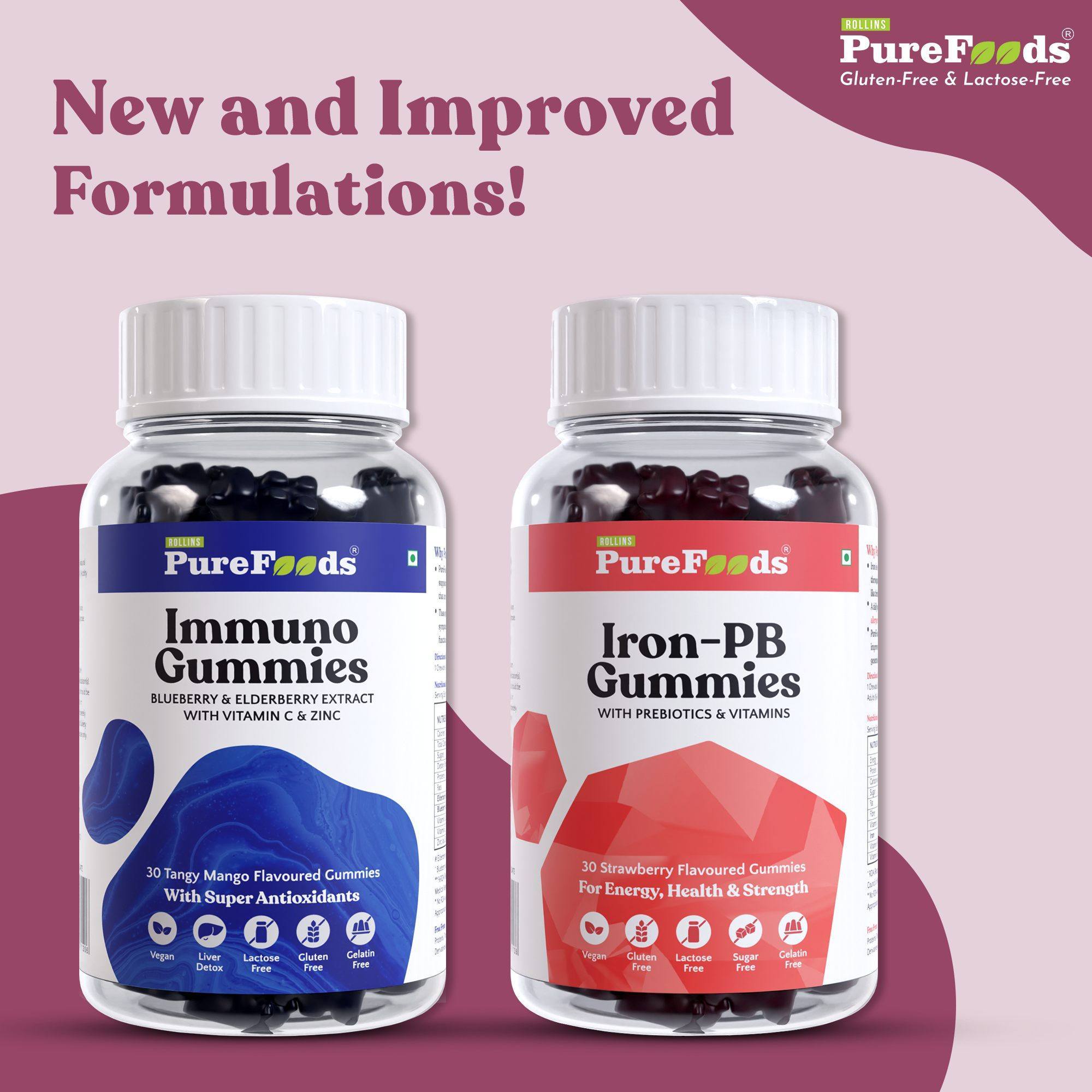 🍓 Boost Your Immunity and Fuel Your Body with PureFoods' New & Improved Daily Gummies! 🥭

✨ We're re-introducing our super popular Immuno Gummies AND Iron Gummies, now with newly enhanced formulations for even better results - and a brand new look to boot! Together, these gummies are the ultimate power-packed duo that'll keep the whole family feeling amazing! 💪✨

🍬 Individually wrapped for maximum safety and quality, our gummies are not only super convenient but also irresistibly tasty! Say goodbye to those boring old supplements and say hello to deliciously healthy daily treats! 😋

🌿 Formulated to be completely gluten-free, lactose-free, gelatin-free, vegan, and allergen-free, we've got everything covered! These gummies are easy on the stomach and offer best-in-class absorption, so you'll be able to feel the goodness seep into your body without any worries! 🙌💚

💊 Made with super antioxidant blueberry & elderberry extracts, and packed with essential vitamins & minerals, PureFoods Immuno Gummies will give your immune system the boost it needs to stay strong aand resilient - all year round! 🌟💥

🔥 And that's not all! PureFoods Iron Gummies are a totally natural and easy way to support healthy iron levels, helping you fight fatigue and stay energized throughout the day! 🏋️‍♀️⚡

💯 Elevate your wellness routine with PureFoods' New & Improved Gummies – the perfect combination of convenience & health for the whole family! 💯✨

🛒 Shop now and give your body the care it deserves! 💕 Visit our website at www.PureFoods.in or click the link in our bio to grab yourself some PureFoods goodness today! 🛍️💫

#PureFoods #GummyGoodness #BoostYourImmunity #IronPower #TasteAndHealth #WellnessJourney #GlutenFree #LactoseFree #GelatinFree #AllergenFree #QualityFirst #IronGummies #Immunity #ImmunoGummies #Gummies #Vitamins