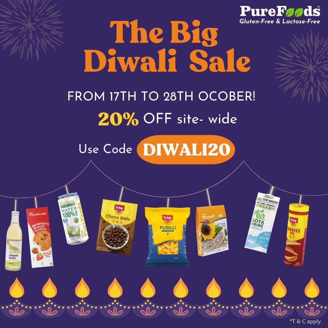 ITS HERE! PureFoods wishes you and your loved ones a very Happy Diwali! May this Diwali bring blessings and prosperity. 

We are excited to announce our Big Diwali Sale! Use Code DIWALI20 to get an additional of 20% OFF site- wide starting today!